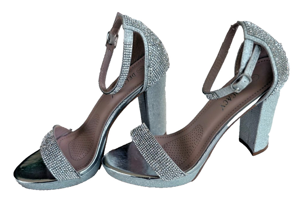 Delicacy Strappy Rhinestone Pump Heels Womens Silver Size 6 Metallic